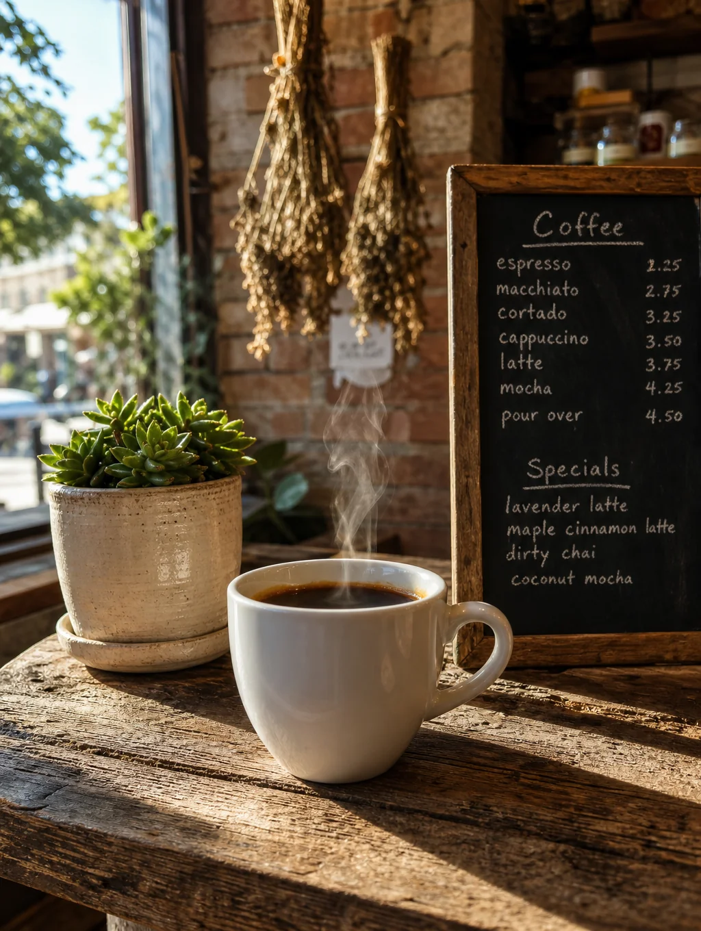 Close up of a hand-poured coffee in a sunlit Brooklyn cafe