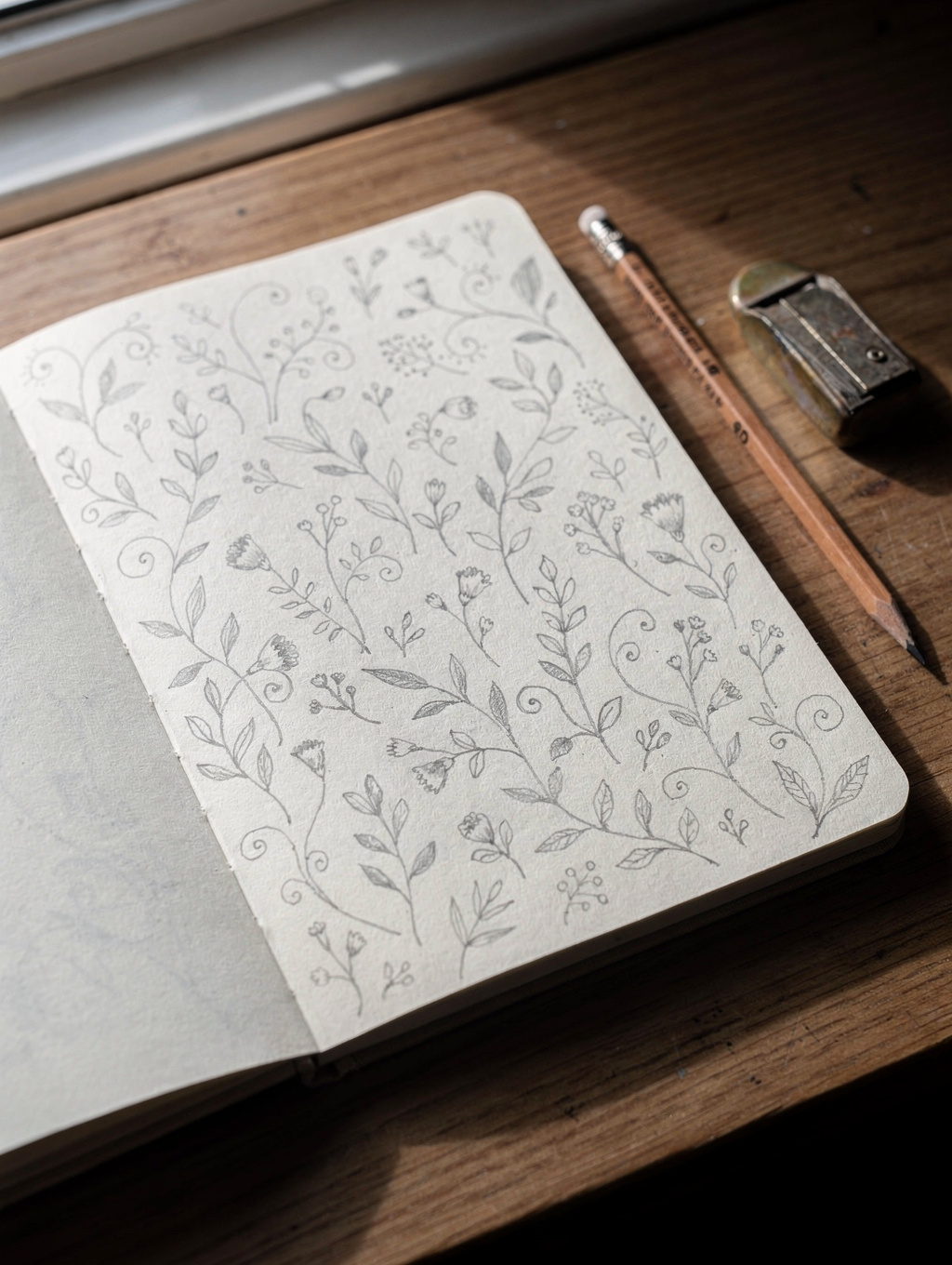 Close up of a creative sketchbook in a Brooklyn studio