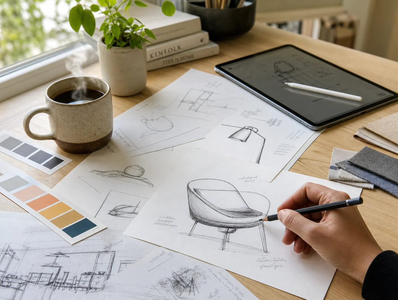 Artist sketching in a sunlit studio space