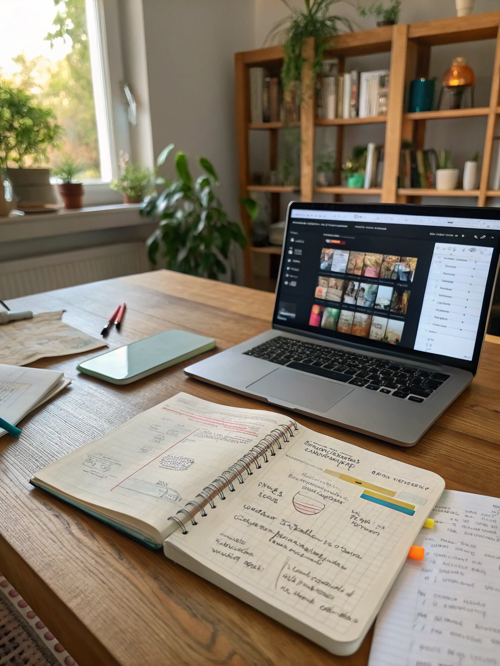 Cluttered creative desk with sketches and coffee