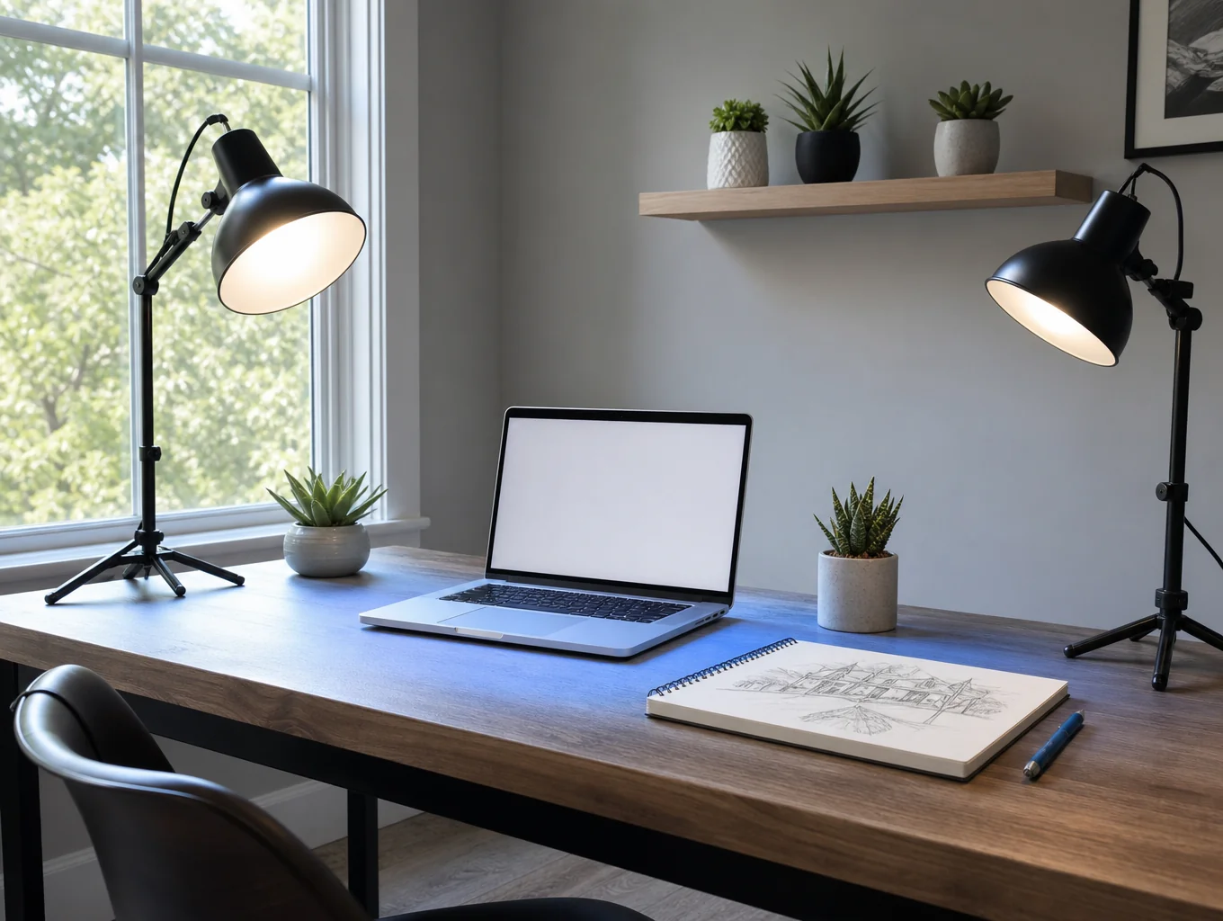 Sunlit creative studio desk with sketches, a camera, and a cup of tea