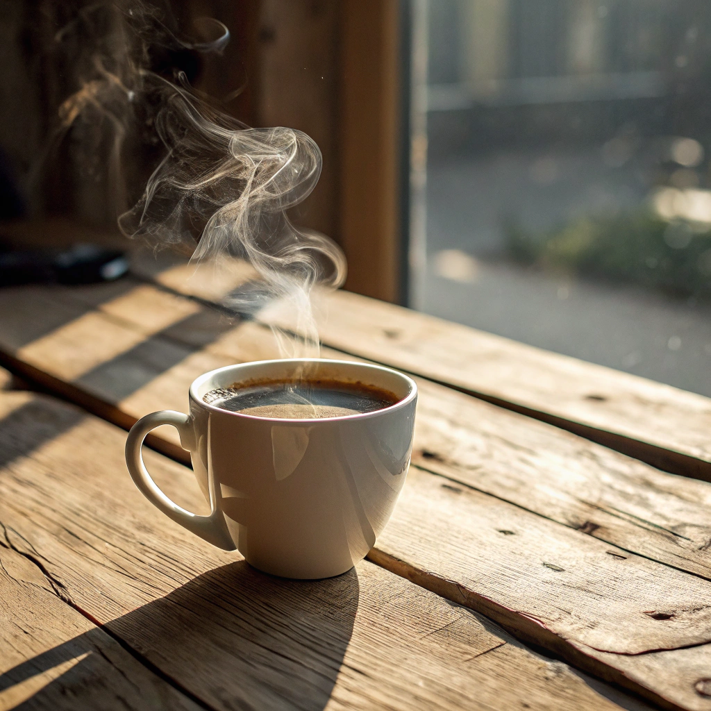 A steaming cup of coffee on a wooden table in soft morning light