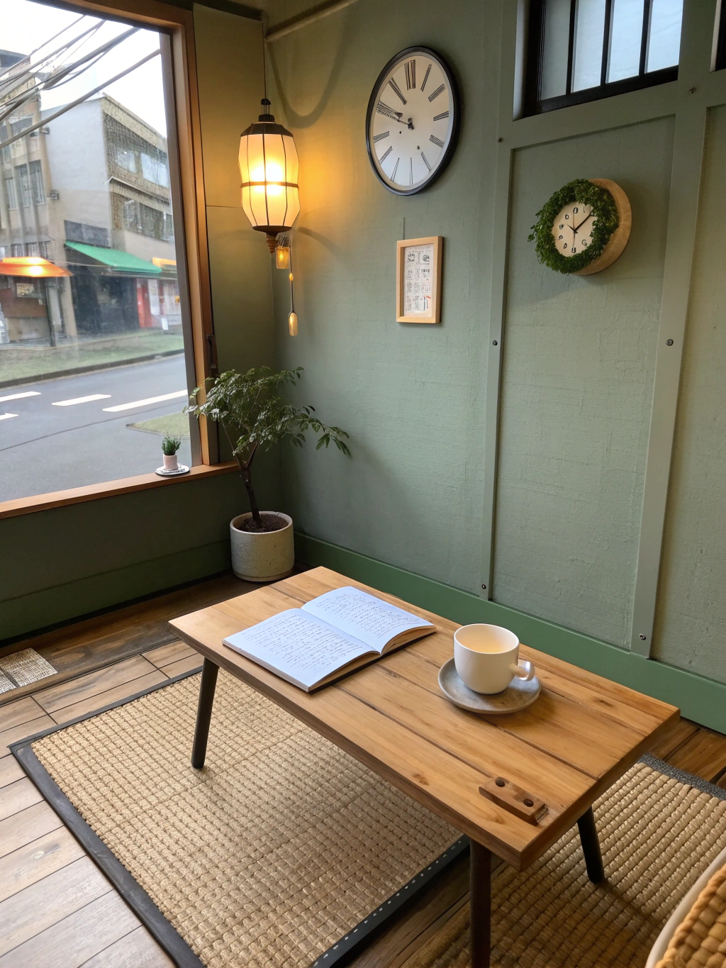 A quiet, sunlit corner of a Tokyo cafe with a steaming cup of tea