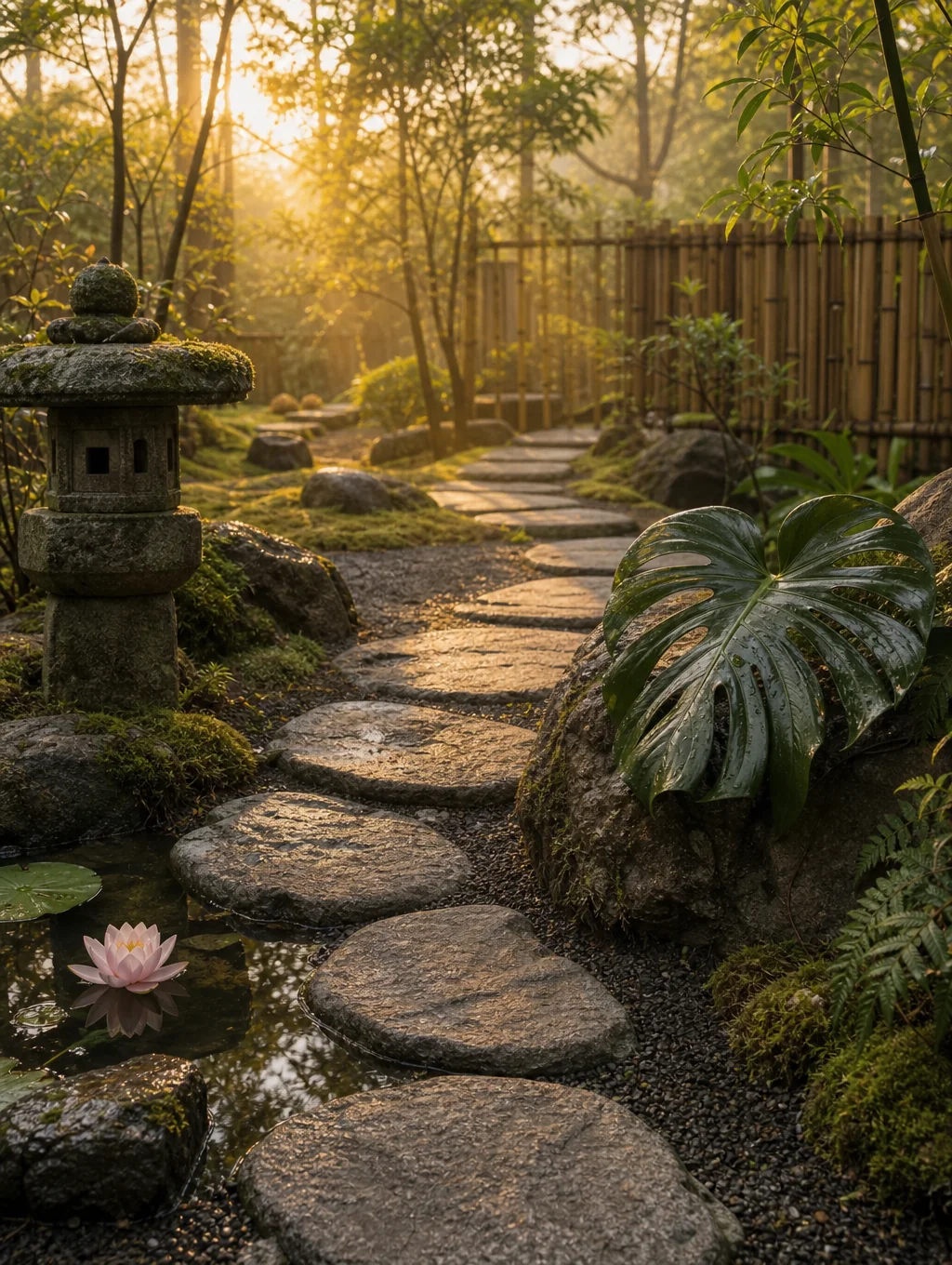Minimalist stone garden with moss and maple leaves