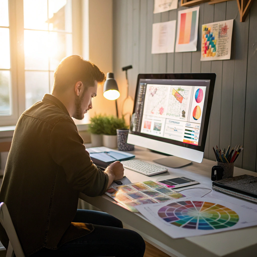 A designer working on a clean editorial layout on a laptop
